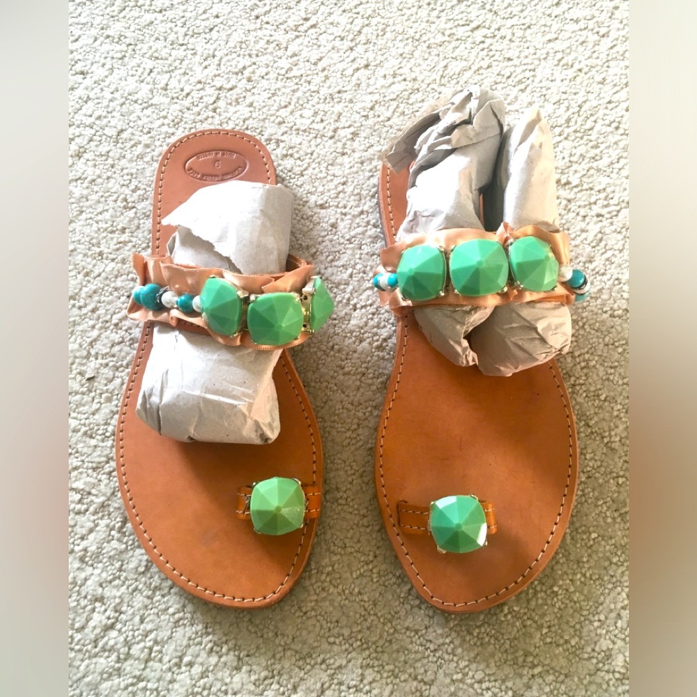 NWOT 🔺 LEATHER BEADED SANDALS Made in Greece